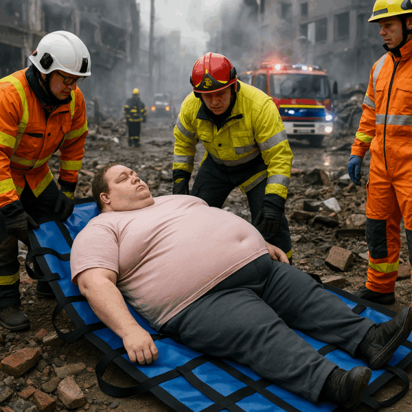 A-realistic-scene-showing-a-slightly-smaller-bariatric-patient-lying-on-a-blue-and-black-drag-mat.