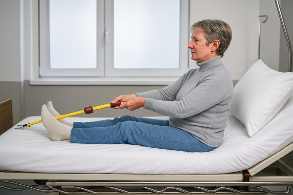 A woman on a hospital bed using a tiger tail to lift herself up.