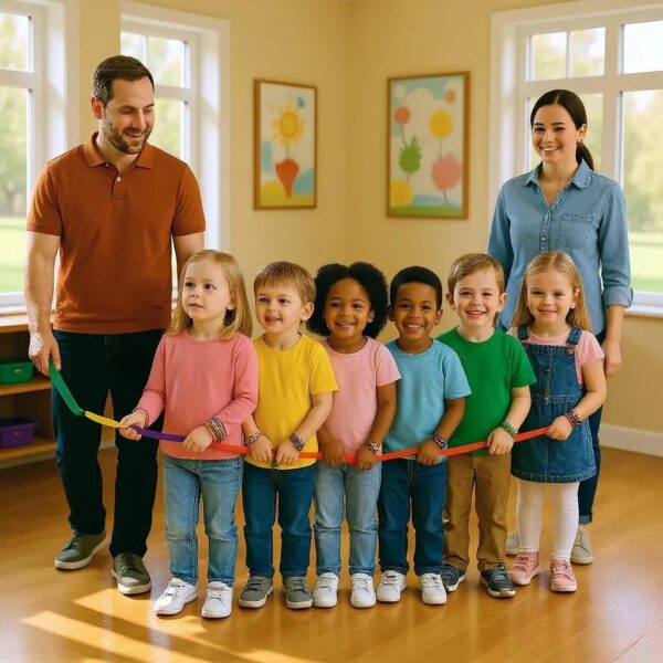 Children in a play group being evacuated with the walkapillar strap with an adult ant the front and behind.