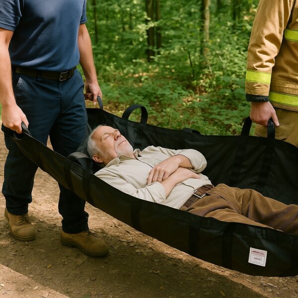 an elderly man laying on the drag mat being carried by a rescue team to safety.