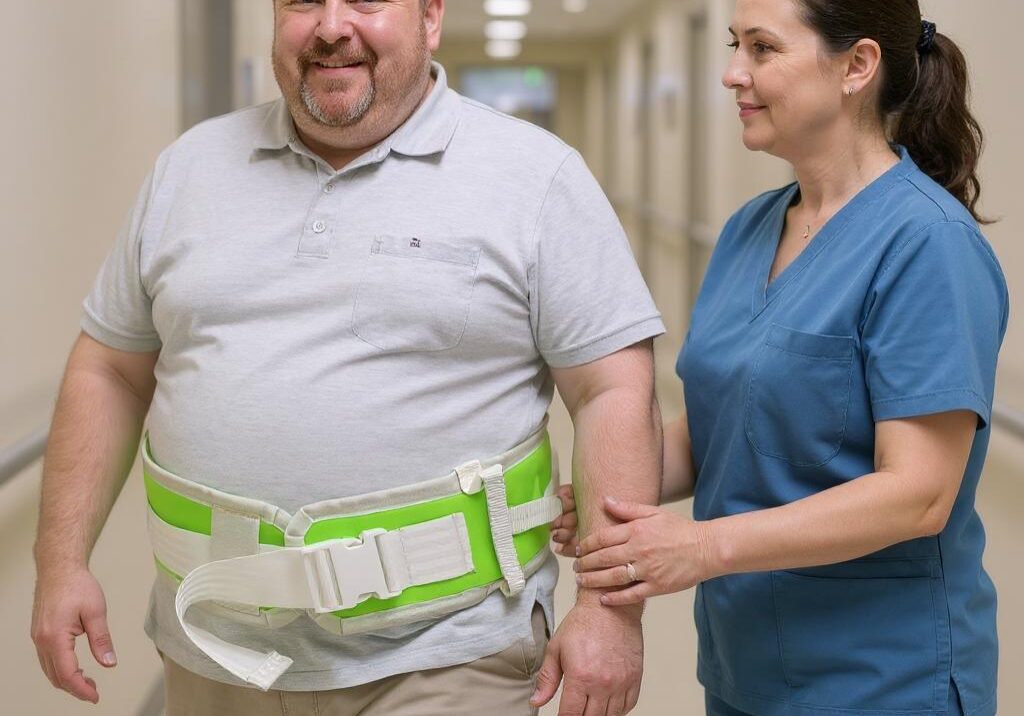 A bariatric man being assisted to walk with a nurse wearing a bariatric walk assist belt.