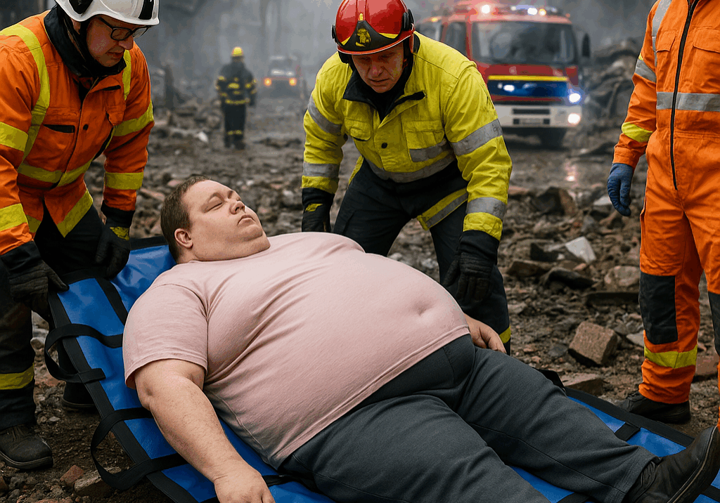 A-realistic-scene-showing-a-slightly-smaller-bariatric-patient-lying-on-a-blue-and-black-drag-mat.