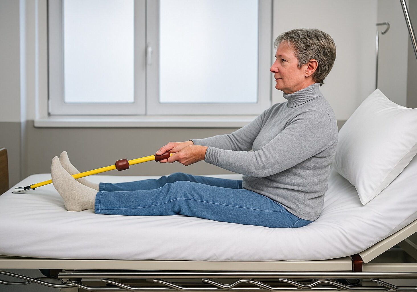 A woman on a hospital bed using a tiger tail to lift herself up.
