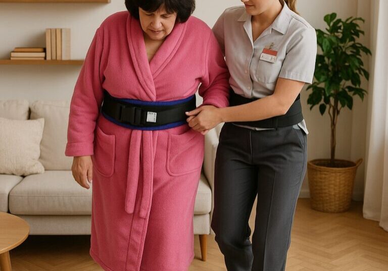A lady in an aged care facility with the walk belt on being assisted by a carer to walk.