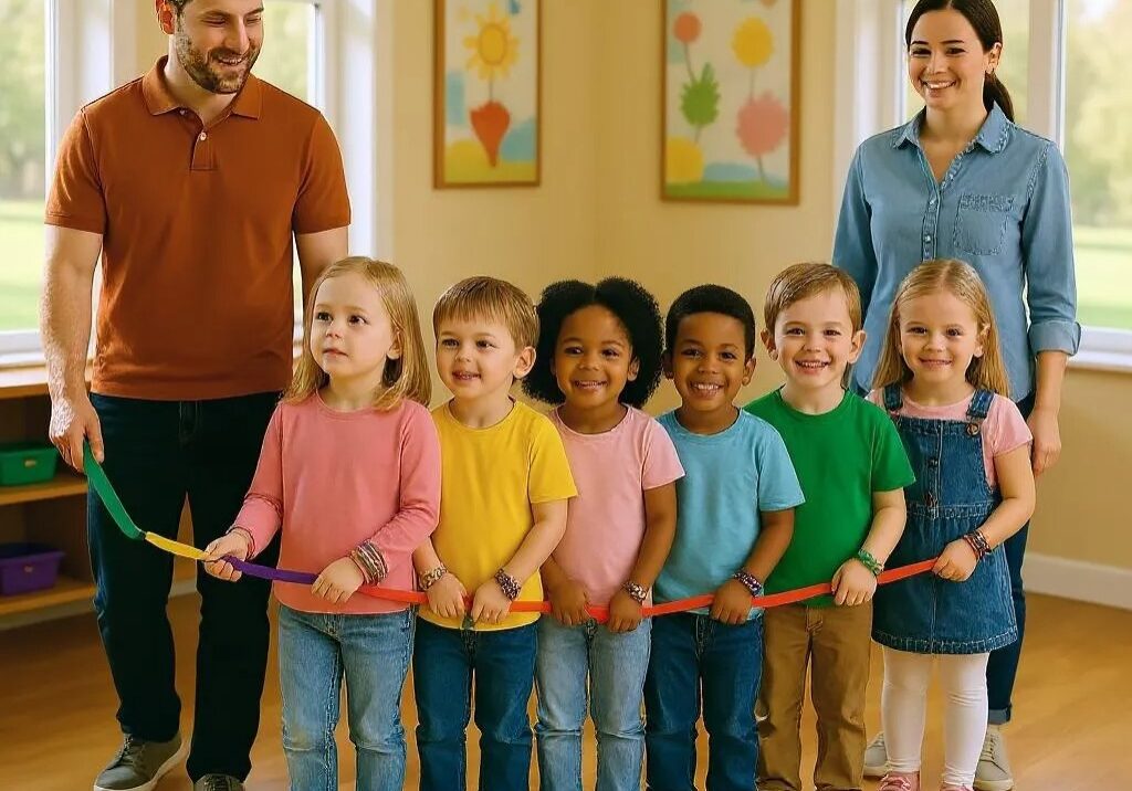 Children in a play group being evacuated with the walkapillar strap with an adult ant the front and behind.